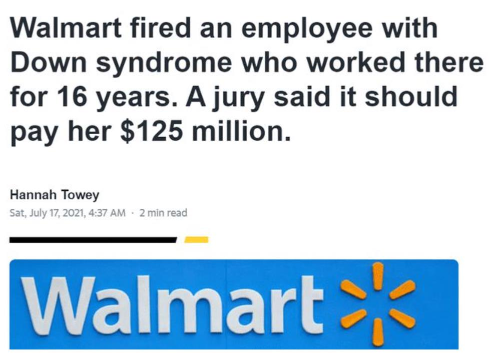 沃尔玛因解雇残疾员工，被罚1.25亿美元